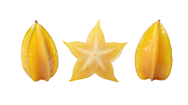 Star fruit with green leaf captured in close up exotic carambola fruit presents unique five point shape