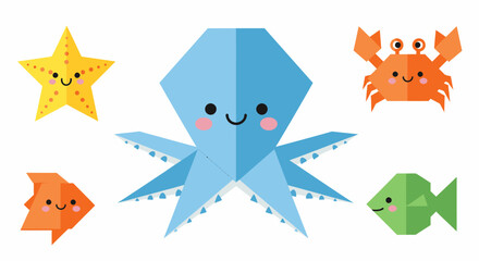 Cute Origami Sea Creatures Collection Featuring Octopus Starfish Crab Fish. © amirhamzaaa
