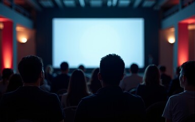 A group of people gathered to watch a film on a large screen. High quality