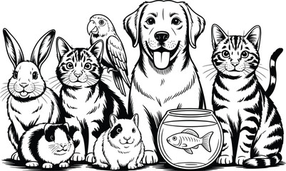 Pets Vector Illustration | Dog, Cat, Rabbit, Parrot, Guinea Pig, and Fish in Black and White