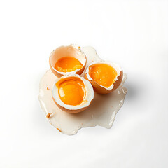 Broken chicken eggs with yolk are isolated on a white background, illustrating a concept for breakfast ingredients involving eggs.