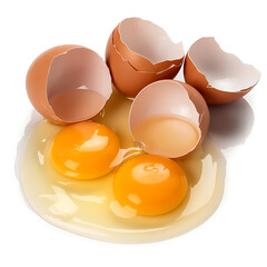 Broken chicken eggs with yolk are isolated on a white background, illustrating a concept for breakfast ingredients involving eggs.
