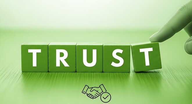 Trust concept with wooden blocks and hand gesture, green color scheme