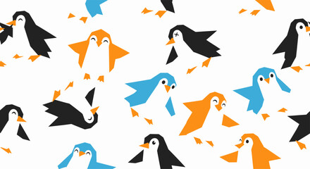 Cute cartoon penguins in various colors and poses seamless pattern.