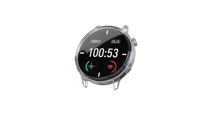 Smartwatch displays health metrics with a transparent case showcasing modern wearable technology and digital wellness tracking on transparent background