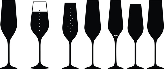 Champagne flute silhouettes, black wine glass icons, sparkling drink vector set, elegant toast elements, minimal celebration design, party clipart collection