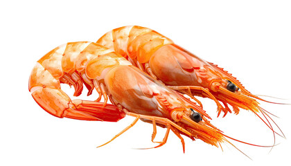 Two cooked, orange shrimp, heads on, isolated against black
