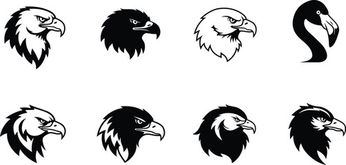 Eagle head vector set, stylized bird illustrations, flamingo profile icon, animal logo design, wildlife mascot, graphic emblem collection, isolated artwork