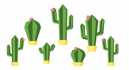 Collection of stylized cacti in pots, featuring geometric shapes and small pink flowers.