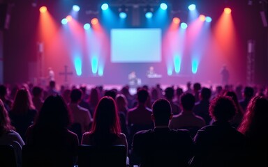 A large group of people sitting in front of a stage. Suitable for event, conference, or concert themes. High quality