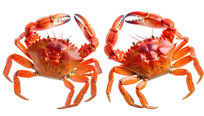 Two vibrant, cooked crabs facing each other on a black background