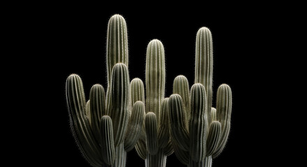 Obraz premium A cluster of saguaro cactus plants, isolated on black background, showcasing their unique shape and texture in a striking composition