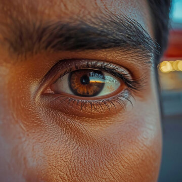 Extreme close up of a man's brown eye with reflections of lights and sky macro human eye