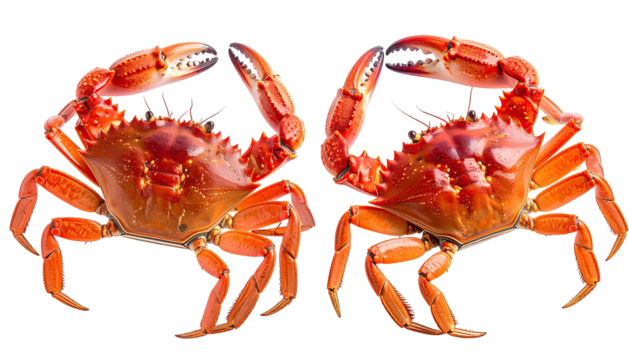 Two vibrant, cooked crabs facing each other on a black background