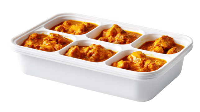 White container holds four distinct food types container presents variety of foods in distinct sections