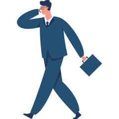 Man in Dark Blue Suit Talking on Phone Carrying Briefcase Walking Forward Isolated on White Background