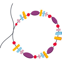 Abstract Circular Arrangement of Colorful Geometric Shapes and Beads on a White Background