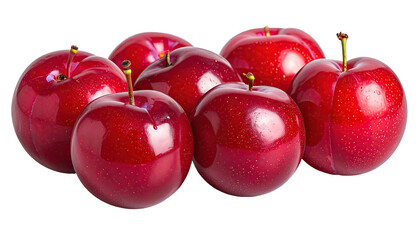 Six ripe red plums, arranged close together