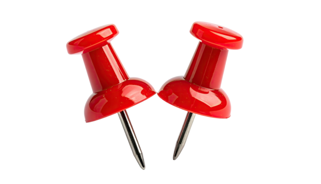 Two red pushpins angled, sharp needles against a black background
