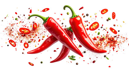 Three red chilies amidst spice scatter on a dark backdrop