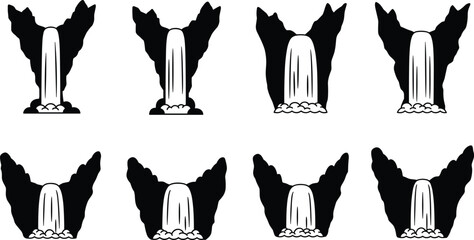 Waterfall vector illustration, stylized cascade design, rocky stream artwork, nature landscape icon, flowing water between cliffs, decorative nature scene for stock