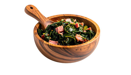 Spinach and bacon salad served in a wooden bowl with spoon