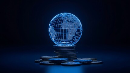 Luminous blue wireframe planet Earth model on a stack of money illustrating digital currency and international markets