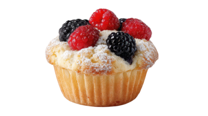 Delicate cupcake topped with fresh berries and sugar sweet dessert features fluffy cupcake ripe berries white sugar