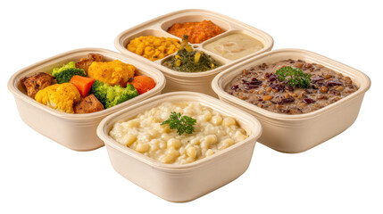 Four containers hold diverse food items each container features unique culinary preparations