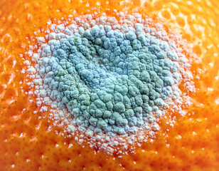 Extreme Macro of Blue Green Mold on Orange Citrus Fruit Skin