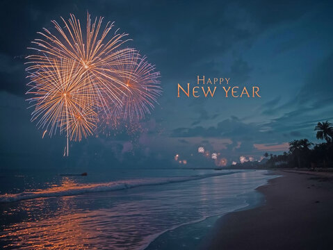 Fireworks explode over calm beach ocean waves with Happy New Year 2026 text image