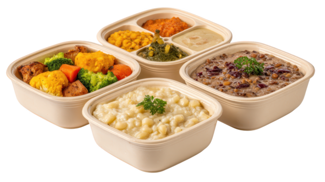 Four containers hold diverse food items each container features unique culinary preparations