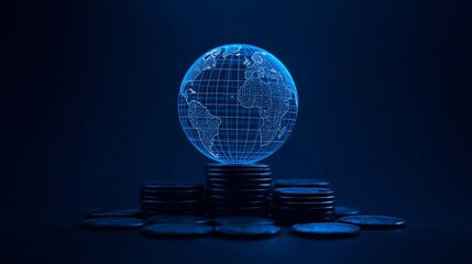 Conceptual glowing wireframe globe atop a stack of currency, symbolizing global finance, digital economy, interconnected investment, and technological growth