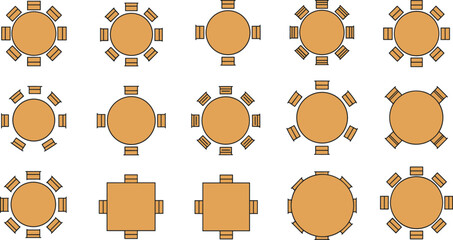 Top view restaurant table and chair set vector illustration, dining furniture layout design, round and square table arrangement for interior and floor plan