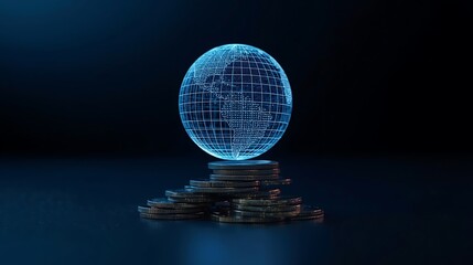 Global Financial Connectivity Digital Earth Globe Hovering Above a Stack of Coins