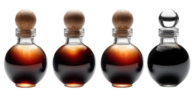 Four whiskey bottles each with an egg are arranged each bottle contains whiskey and egg creating unique image