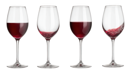 Four wine glasses hold ruby red liquid wine in three clear glasses awaits consumption