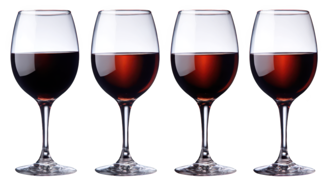 Four glasses of wine ready for tasting elegant wine presentation with three filled glasses