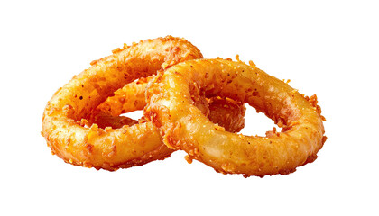 Crispy, golden onion rings, stacked, against dark background