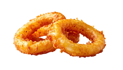 Crispy, golden onion rings, stacked, against dark background