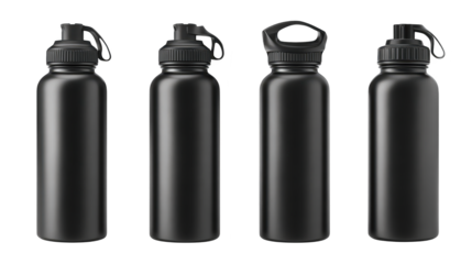 Four black plastic water bottles with black caps three black plastic water bottles stand each with black cap