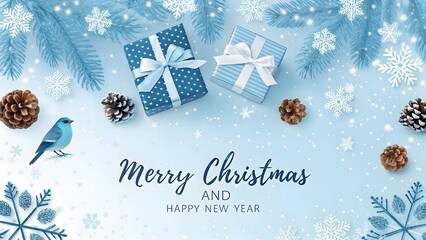 Merry christmas and happy new year with gift boxes and pine cones