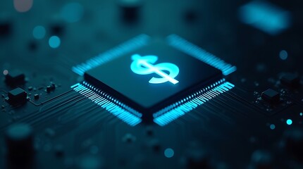 Financial Technology Microchip with Glowing Dollar Symbol in a Futuristic Design