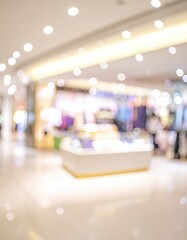 Blurred interior shot of a brightly lit shopping mall