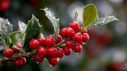 Obraz premium Red holly berries with glossy green leaves close up festive Christmas botanical on white background high resolution Ilex branch winter holiday decoration clipart for greeting cards and design