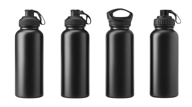 Four black plastic water bottles with black caps three black plastic water bottles stand each with black cap