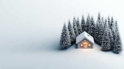 Winter wonderland christmas scene cozy cabin amid snowy trees aerial view serene environment holiday spirit