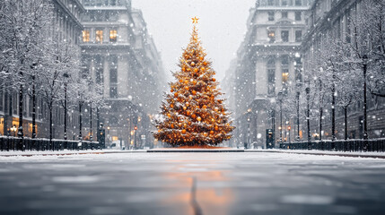Winter wonderland christmas tree display in city center captivating snowy streets festive ambiance