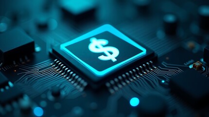 Digital Finance Microchip with Glowing Dollar Symbol, High-Tech Investing Concept