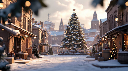 Winter wonderland christmas celebration quaint village square festive scene snowy environment serene viewpoint